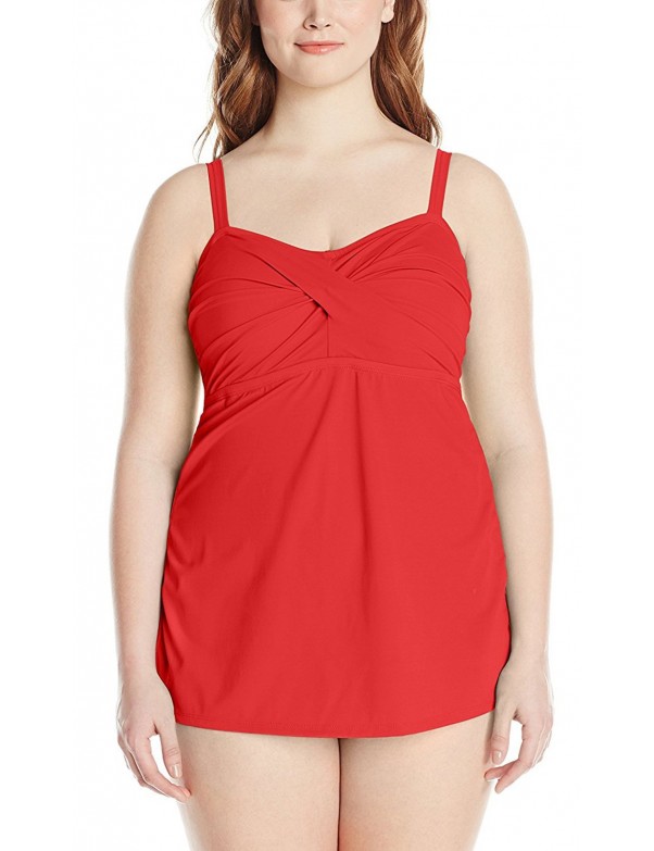 Jantzen- Plus-Size Solid Twist-Front Swim Dress in Iconic Red